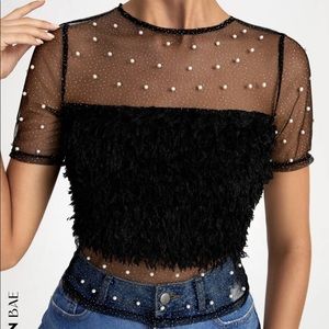 SHEIN Pearl Beaded Mesh Fuzzy Top